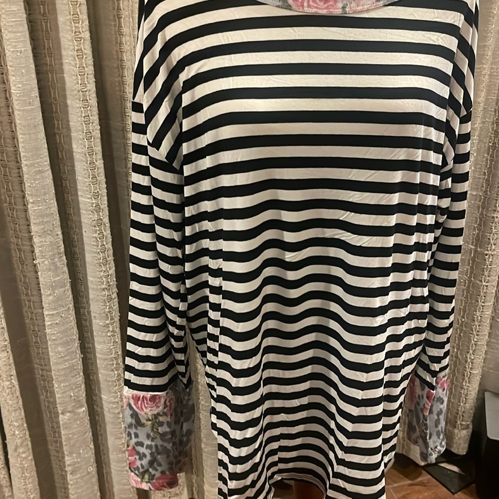 Plus Size HONEYME Black and White Striped Top with floral accents